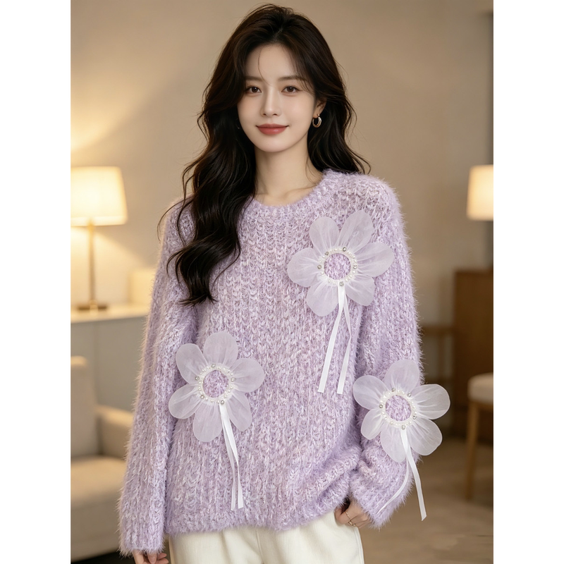 High-End Three-Dimensional Floral Long-Sleeved Knitwear, New Autumn and Winter Style, Gentle and Stylish, Age-Reducing Round-Neck Pullover Sweater for Women High-End Three-Dimensional Floral Long-Sleeved Knitwear, New Autumn and Winter Style, Gentle and Stylish, Age-Reducing Round-Neck Pullover Sweater for Women