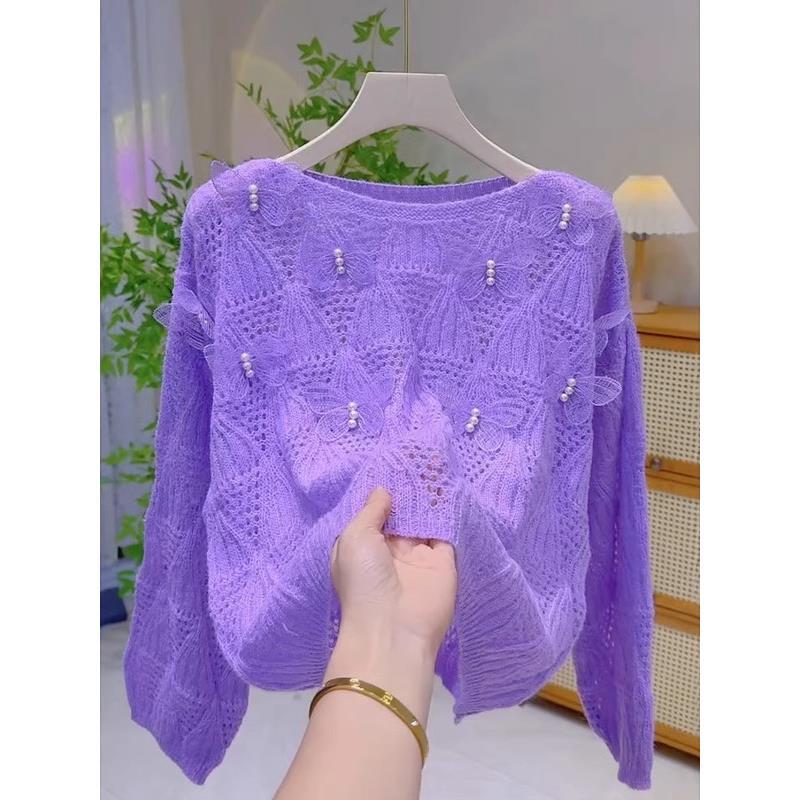 Purple Round Neck Long-Sleeved Knitwear for Women Spring & Fall 2025 New Thin Cut Out Versatile Pullover Knitwear Bottoming Top