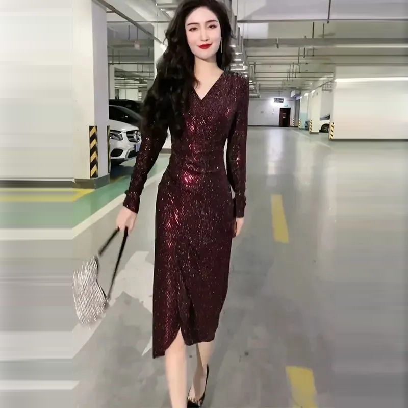 Sparkling Dress Evening Gown 2026 New Model Glowing Lady Dazzling Sequins Spring and Autumn Style Slimming Hot Item Light Luxury