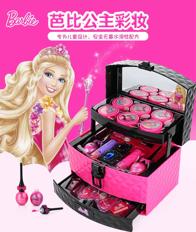 Mỹ phẩm Barbie Children Không độc hại Cô bé Sân khấu Hiệu suất Trang điểm Set Princess Makeup Box Toy - Đồ chơi gia đình