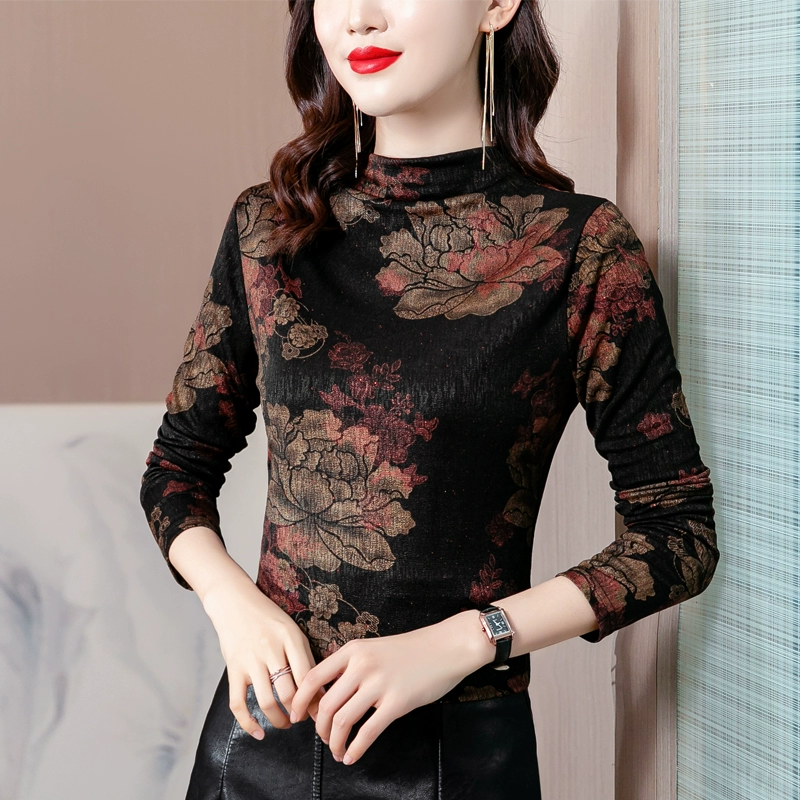 Năm 2021 Mùa thu Một nửa cổ cao Sợi lưới Bronzing Thời trang Áo sơ mi phía dưới Áo dài Tay màu Bên trong Áo phông mỏng hàng đầu Phụ nữ - Áo sơ mi chiffon ren