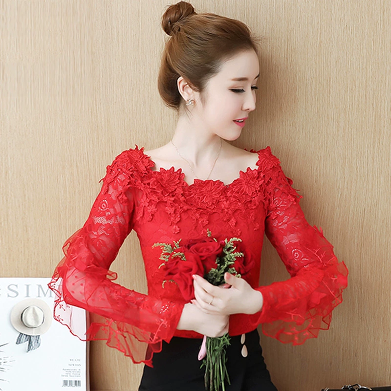 Mùa xuân và mùa thu áo ren phụ nữ quần áo mùa thu 2021 mới hợp thời trang dài tay áo sơ mi voan mùa thu phong cách nước ngoài áo sơ mi mỏng đáy - Áo sơ mi chiffon ren