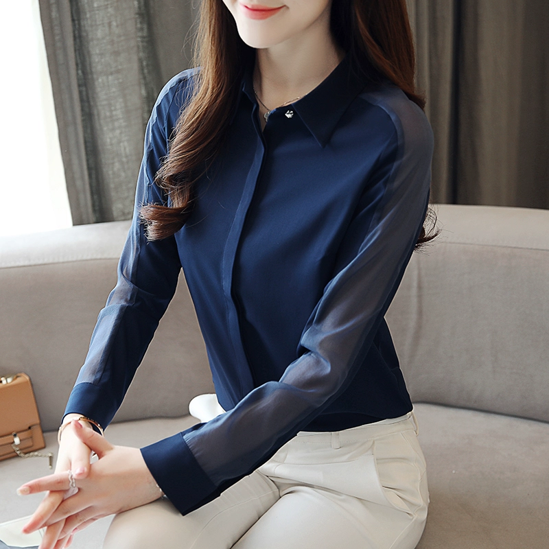 Áo sơ mi voan dài tay phụ nữ quần áo xuân thu 2020 phiên bản mới hợp thời trang Hàn Quốc của áo ren phía dưới áo sơ mi nhỏ kiểu phương Tây - Áo sơ mi chiffon ren