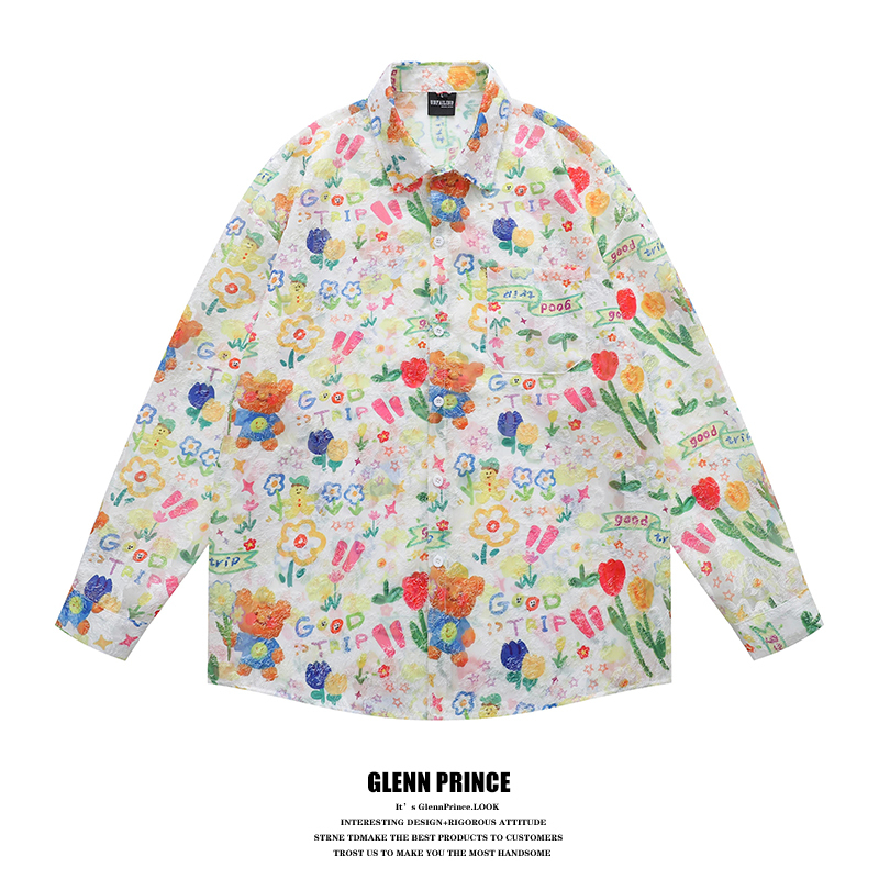 Gpstudio Japanese-Style Fun Floral Bear All-Over Print Bf Cute Dopamine Long-Sleeve Shirt for Men, Spring Season