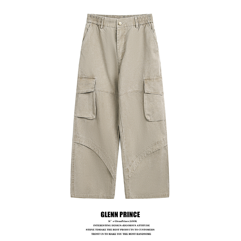 Gpstudio American Retro Multi-Pocket Khaki Cargo Pants for Men, Loose Straight-Leg Youth Wide-Leg Casual Pants