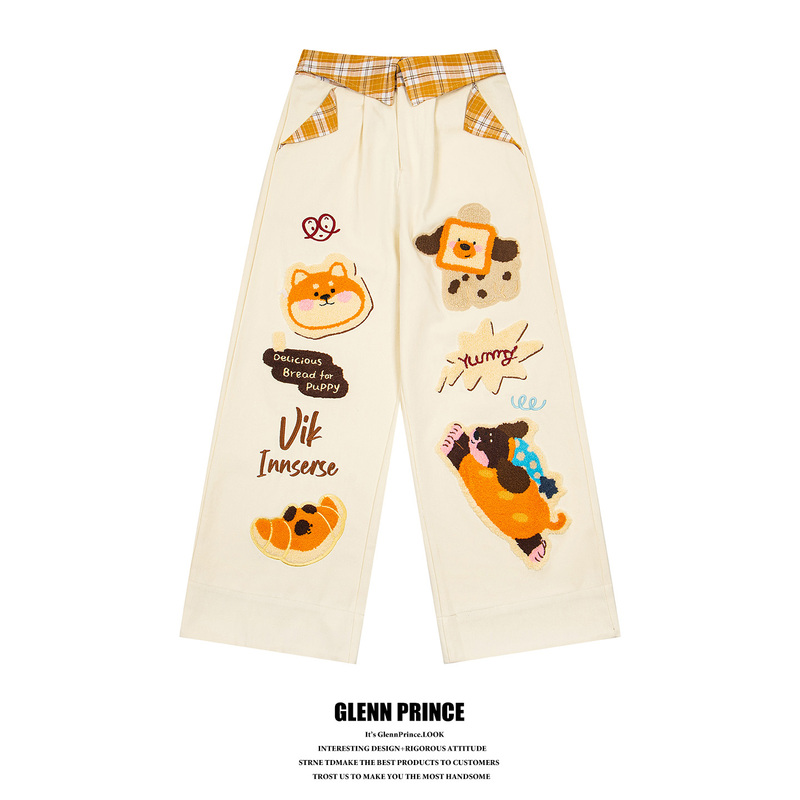 Gpstudio Japanese Retro Plaid Patchwork Dog Embroidery Casual Pants for Men, Relaxed and Comfortable Straight-Leg Long Pants