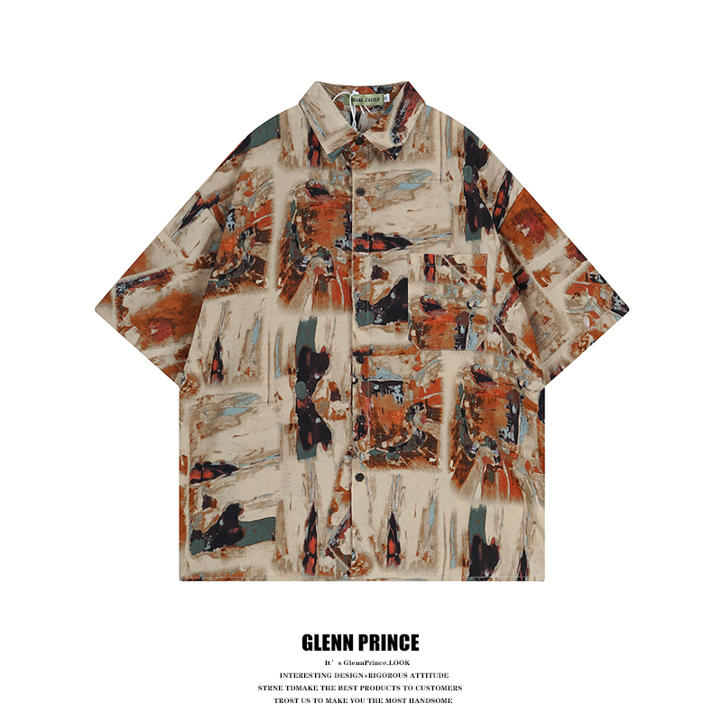 Gpstudio Hong Kong Style Retro Oil Painting Print Short-Sleeved Shirt for Men, Summer Design, Niche Bf Lazy Style Shirt
