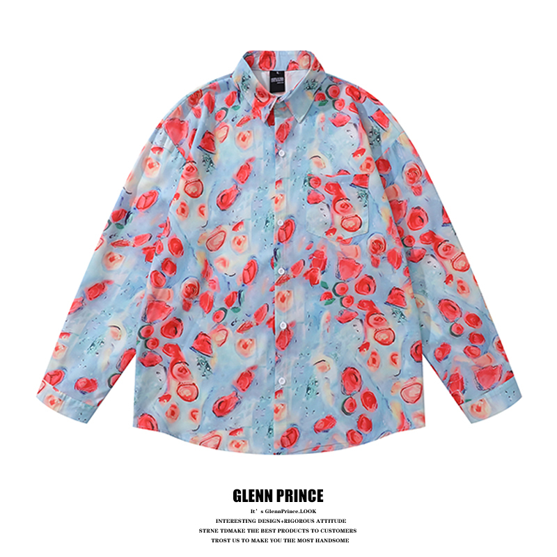 Gpstudio Hong Kong Style Retro Oil Painting Floral All-Over Print Long-Sleeved Shirt for Men, Autumn Hawaiian Beach Wear Shirt Gpstudio Hong Kong Style Retro Oil Painting Floral All-Over Print Long-Sleeved Shirt for Men, Autumn Hawaiian Beach Wear Shirt