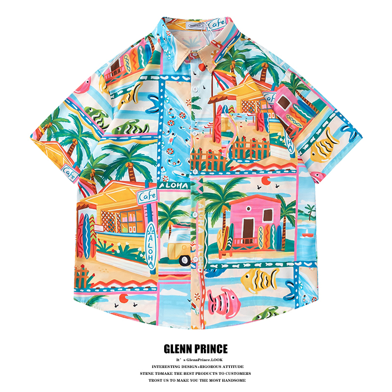 Gpstudio Thai Hawaiian All-Over Print Vacation Style Short-Sleeve Shirt for Men, Summer Couple Beach Floral Shirt Gpstudio Thai Hawaiian All-Over Print Vacation Style Short-Sleeve Shirt for Men, Summer Couple Beach Floral Shirt