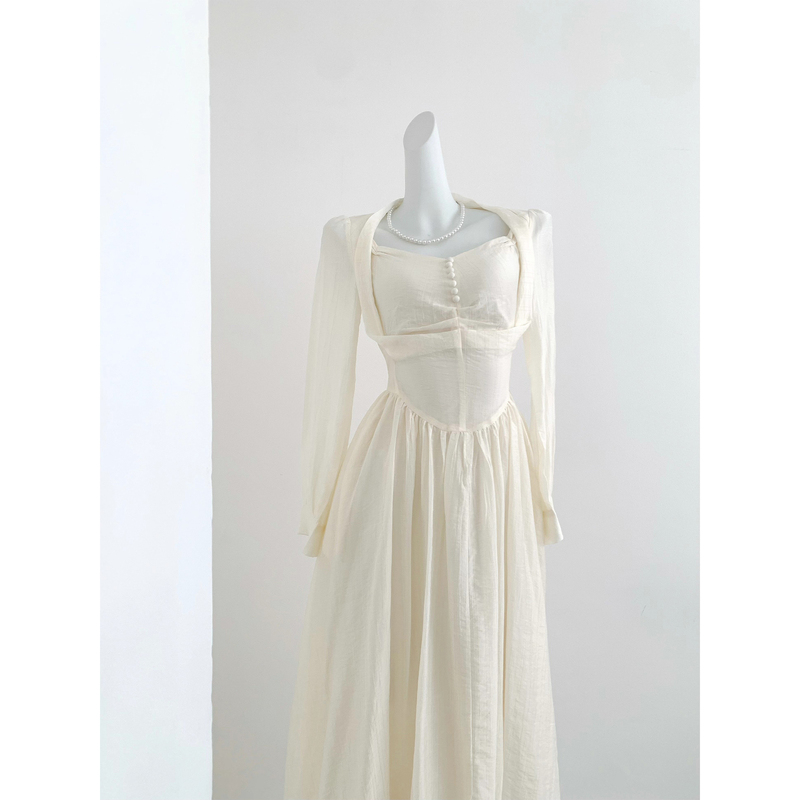 【Bai Xue Manor】Gentle Cream-Colored French-Style Long Dress with Slimming Design, New Elegant Dress for Spring and Summer 【Bai Xue Manor】Gentle Cream-Colored French-Style Long Dress with Slimming Design, New Elegant Dress for Spring and Summer