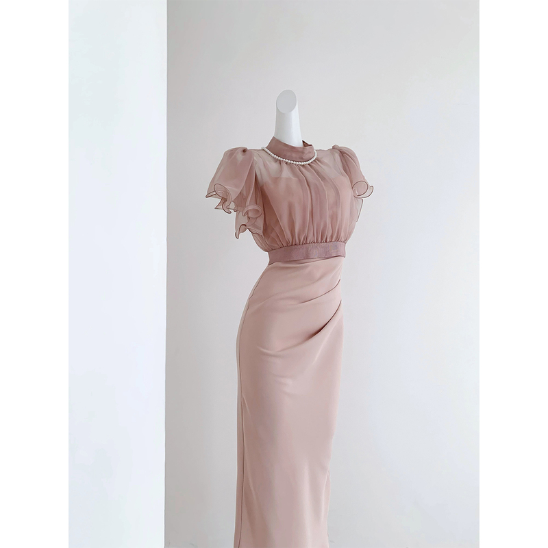 【Soft Puff】Soft Misty Pink Long Dress with Straps, Slimming and Elegant, Can Be Worn in Two Ways, Suitable for Commuting