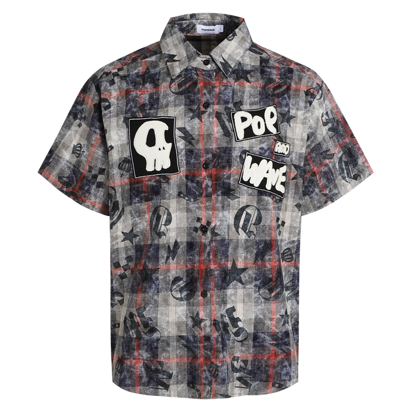 Popwave American Retro 2024 Summer Washed Plaid Shirt with Skull Design, Short-Sleeve Couple Style Shirt for Men and Women