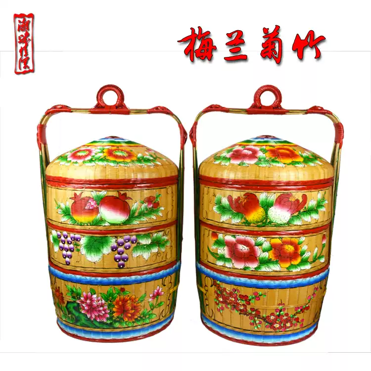 潮汕手工竹编三层春盛传统结婚担糖竹篮竹筐喜篮-Taobao-Tmall