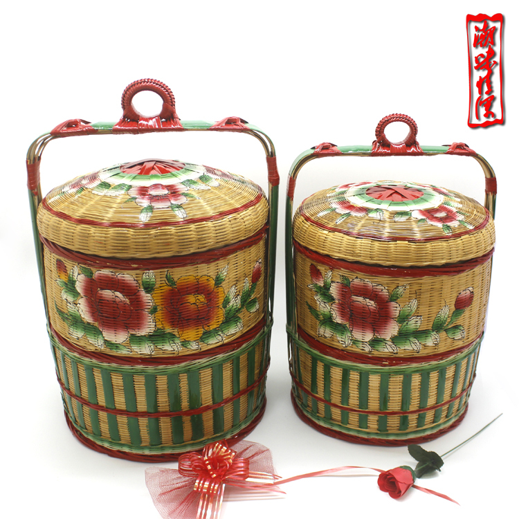 Chaozhou Traditional Wedding Supplies, Handmade Two-Layer Spring Basket, Hand-Painted Chaozhou Flower Basket, Bamboo Basket