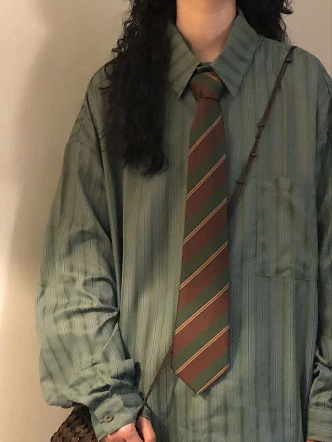 Green Striped Brown Hand-Tied Tie Shirt Accessory for Women, Retro Style Casual Versatile Jk School Style Tie for Women