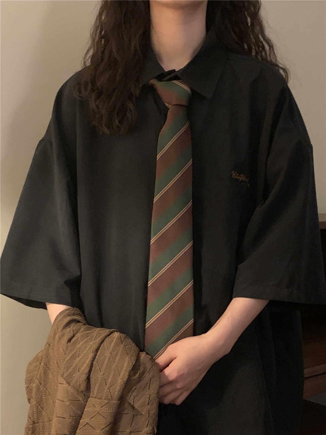 Green Striped Brown Hand-Tied Tie Shirt Accessory for Women, Retro Style Casual Versatile Jk School Style Tie for Women