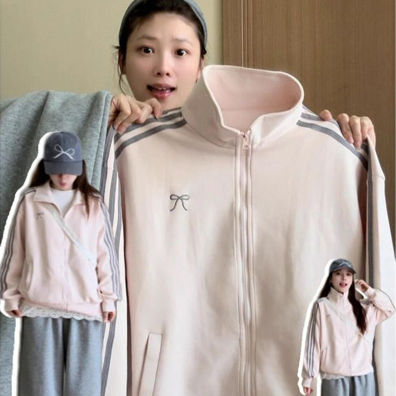College Style Stand-Up Collar Zipper Sweatshirt for Girls, Junior High School and High School Students, Loose Cardigan Jacket, Pink Casual Top College Style Stand-Up Collar Zipper Sweatshirt for Girls, Junior High School and High School Students, Loose Cardigan Jacket, Pink Casual Top