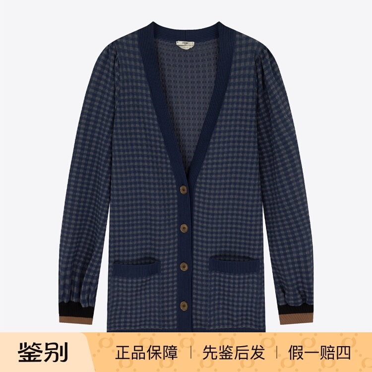 In-Stock Fendi Autumn/Winter New Plaid Pocket Women's V-Neck Cardigan Mid-Length Sweater Knitwear