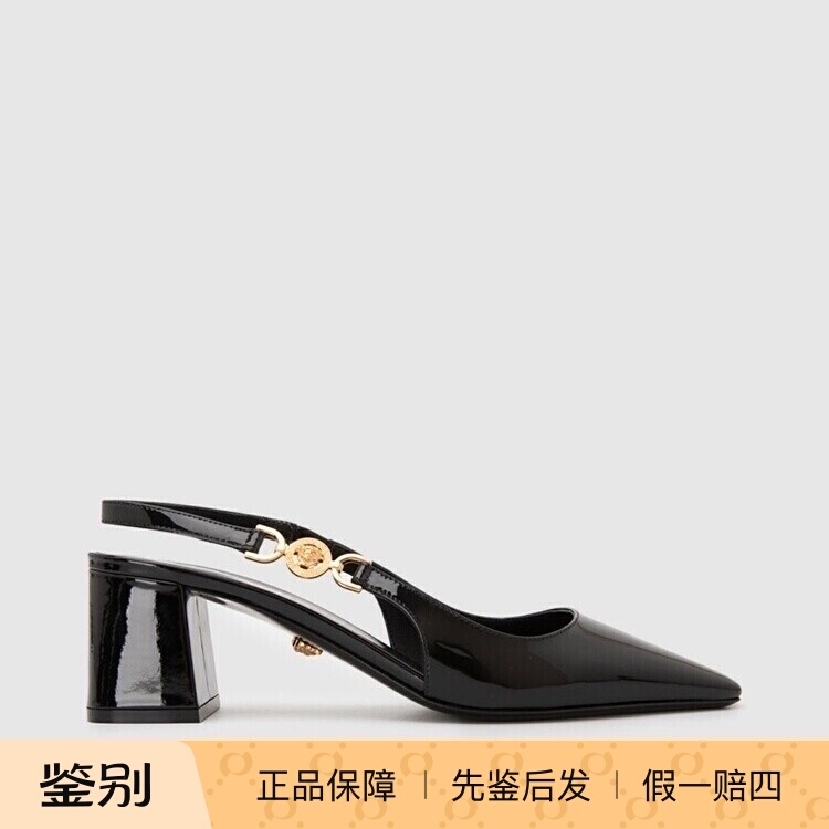 In Stock Versace Versace Spring/Summer New Medusa Leather Glossy Women's Pointed Toe Chunky Heel High Heels Sandals In Stock Versace Versace Spring/Summer New Medusa Leather Glossy Women's Pointed Toe Chunky Heel High Heels Sandals