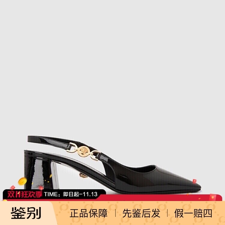 In Stock Versace Versace Spring/Summer New Medusa Leather Glossy Women's Pointed Toe Chunky Heel High Heels Sandals