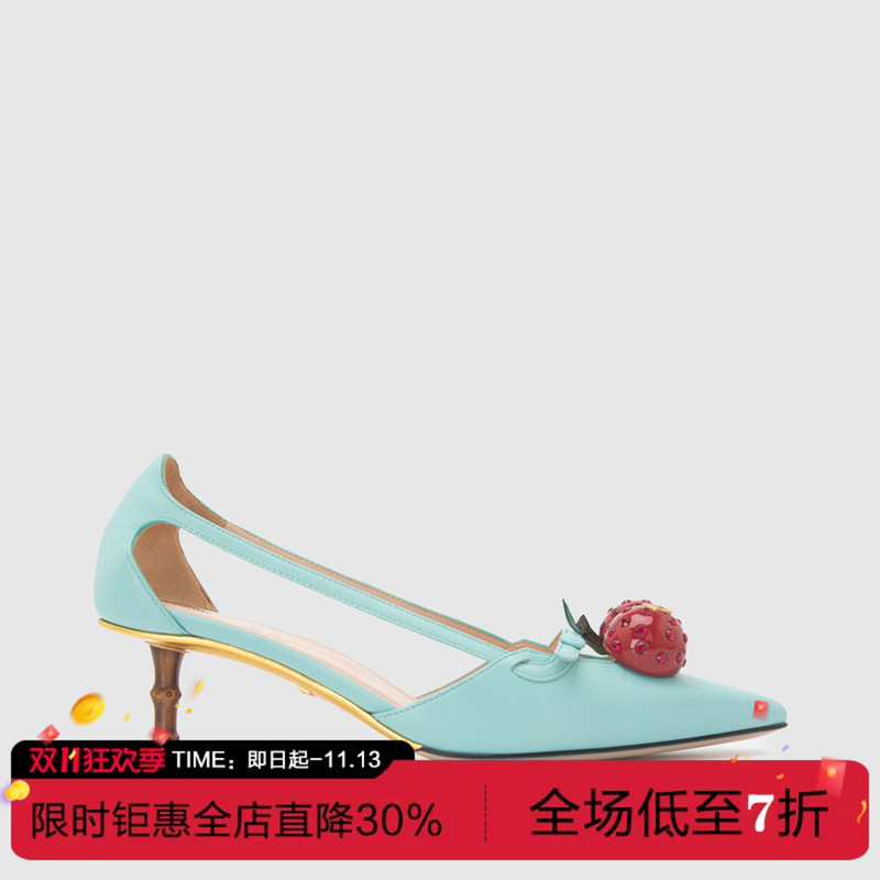 In Stock Gucci Gucci Spring/Summer New Product Sheepskin Cherry-Studded Diamond Pointed Toe Stiletto Women's Fashion High-Heeled Shoes Sandals
