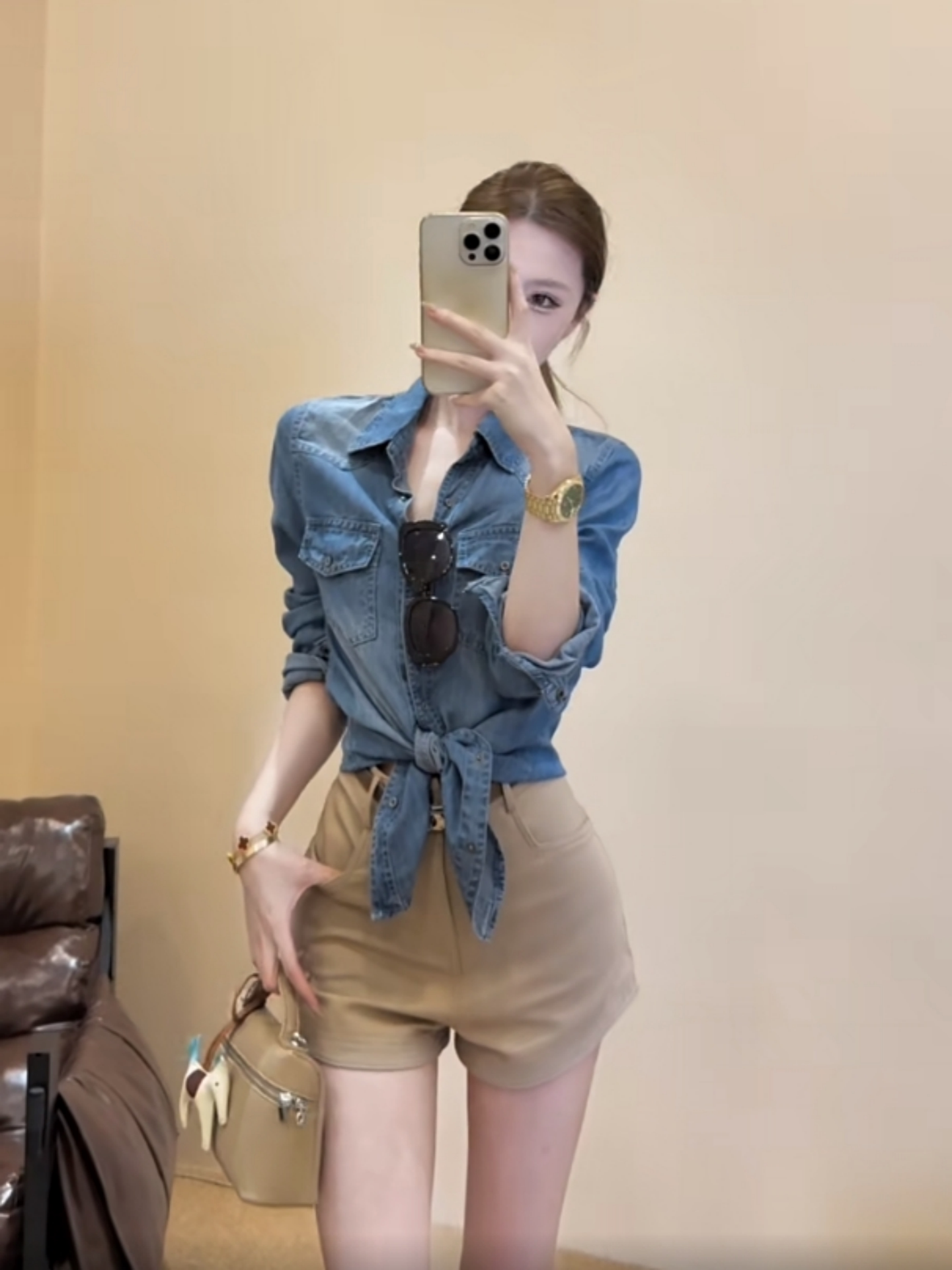 여름 아메리칸 레트로 품격 몸매 가꾸기 폴로 칼라 데님 긴팔 여성 코트 하이웨이스트 와이드 레그 팬츠 반바지 핫걸 세트 상세 이미지 4