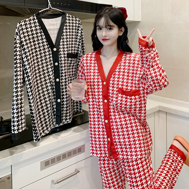 Pajamas women's spring and autumn cotton long-sleeved 2022 new red houndstooth plus fertilizer plus size homewear suit