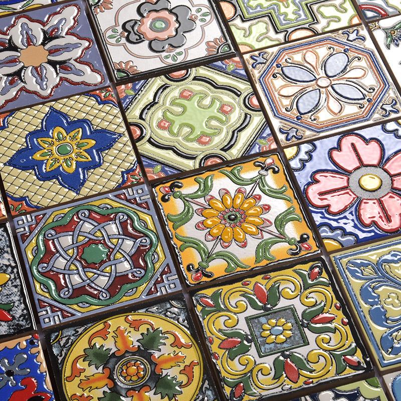 Small Tiles 100×100 American Style Staircase Mediterranean Waistline Corner Tiles Hand-Painted Concave-Convex Glossy Antique Tiles