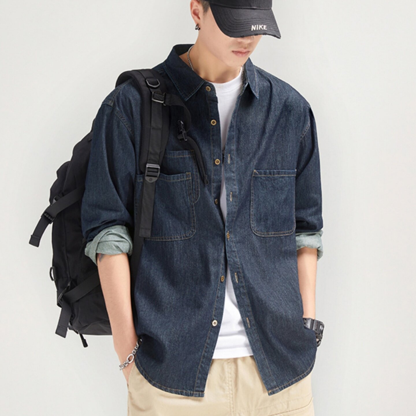 アメリカンスタイルのメンズデニムシャツジャケット、春秋新作、トレンディなブランド、メンズカジュアル長袖レトロワークウェアスタイルシャツ