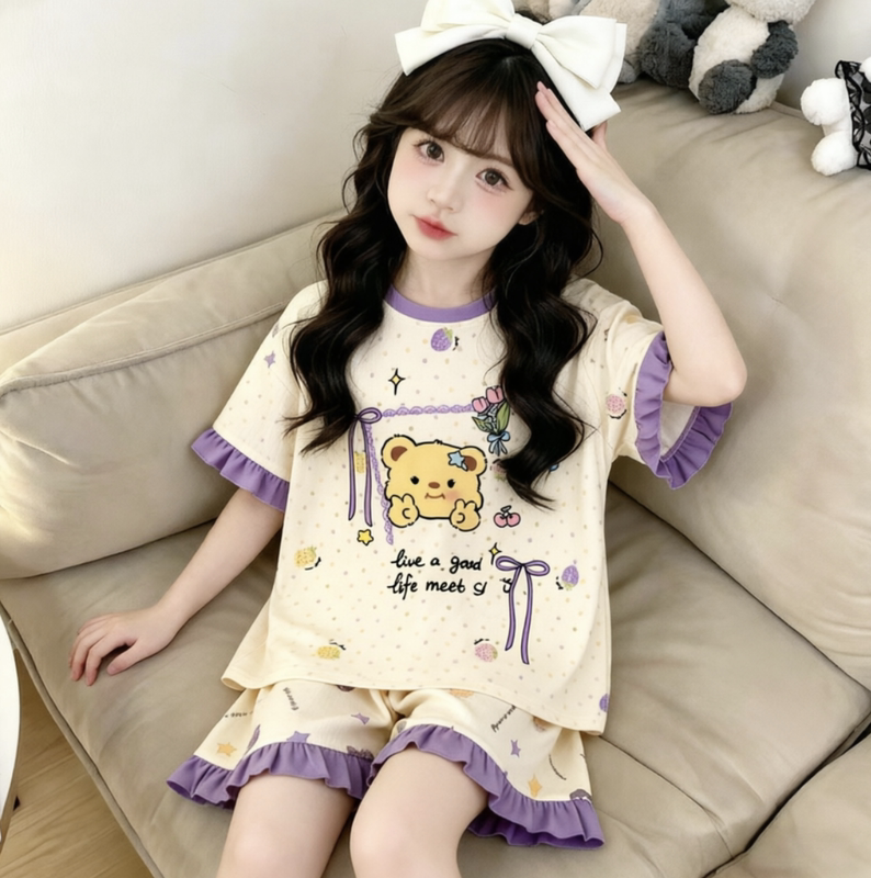 Girls' Cute Cartoon Printed Cloud Cotton Round Neck Pajamas, New Summer Short-Sleeved Princess Style Home Clothes, Children's Clothing