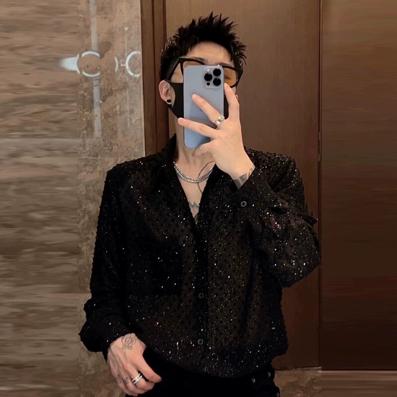 Trendy Men's Shirt for Hairstylists, Nightclub Long-Sleeve Shirt, Spring/Summer Iron-Free Floral Shirt, Black Trendy Men's Shirt for Hairstylists, Nightclub Long-Sleeve Shirt, Spring/Summer Iron-Free Floral Shirt, Black