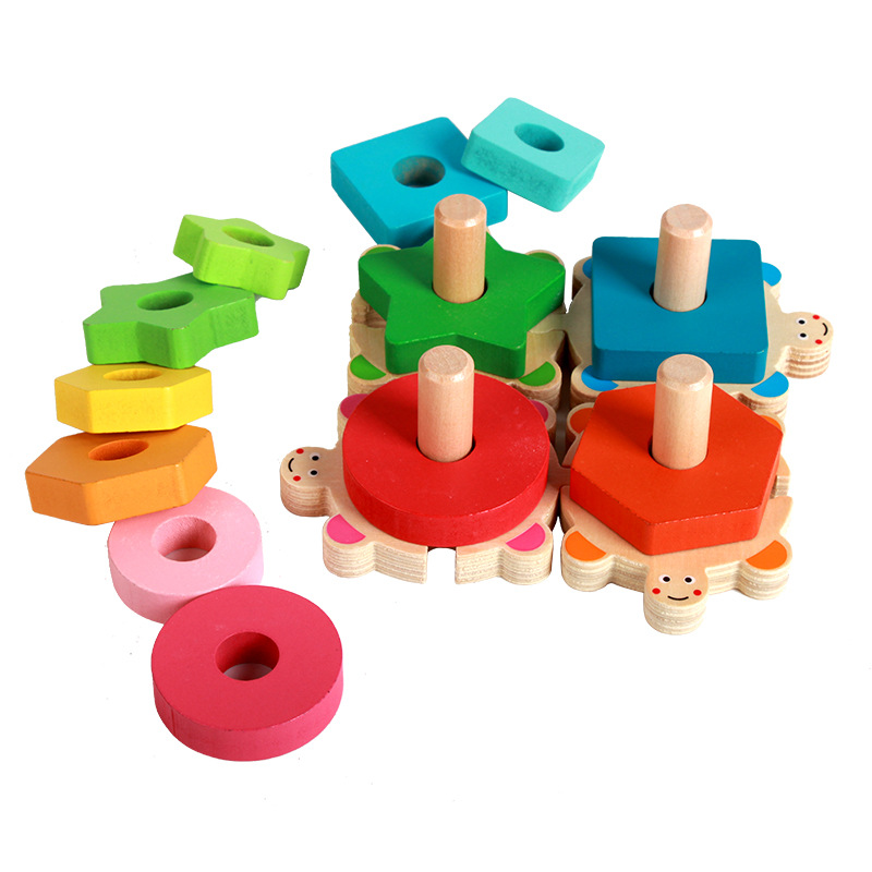 Wholesale early education teaching aids wooden children's educational toys colorful colorful wisdom shape set column small turtle shape board