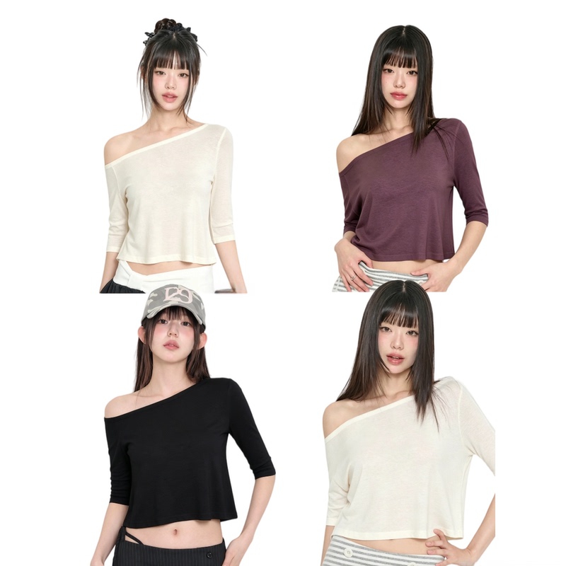 Fractallab Pure Desire Sexy Off-Shoulder 7-Sleeve Top for Women, Summer Korean Style Casual Fashion Slim Short T-Shirt