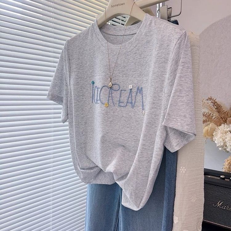 Combed Cotton 150kg Large Size Short-Sleeved T-Shirt for Women, New Summer Style with Letter Design, Round Neck Top, Slimming, Thin and Breathable Combed Cotton 150kg Large Size Short-Sleeved T-Shirt for Women, New Summer Style with Letter Design, Round Neck Top, Slimming, Thin and Breathable