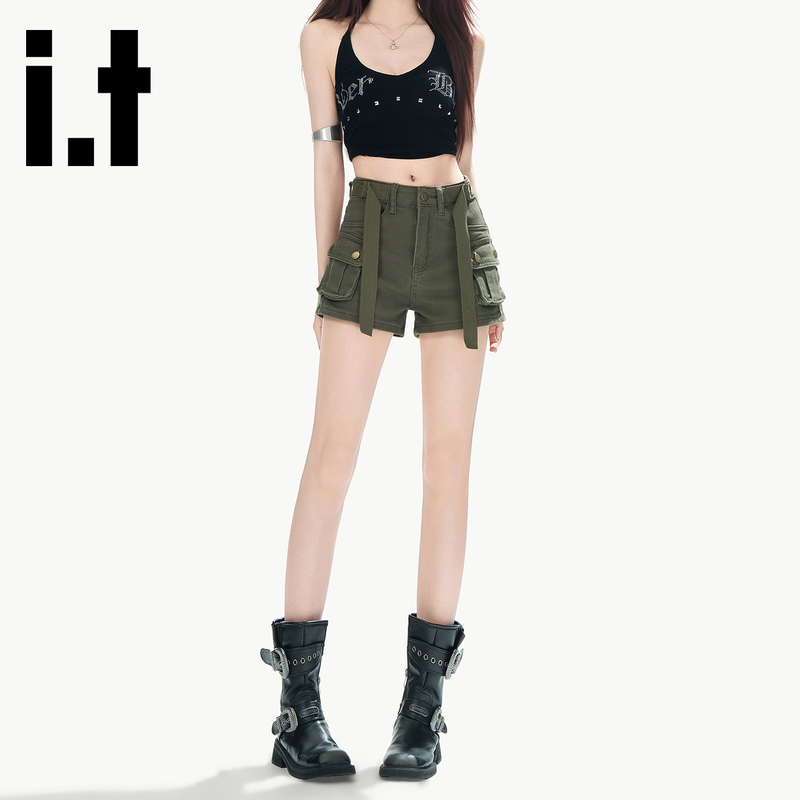 Chocoolate Retro Military Green High-Waisted Denim Shorts for Women, Stylish Hot Girl Workwear A-Line Hot Pants