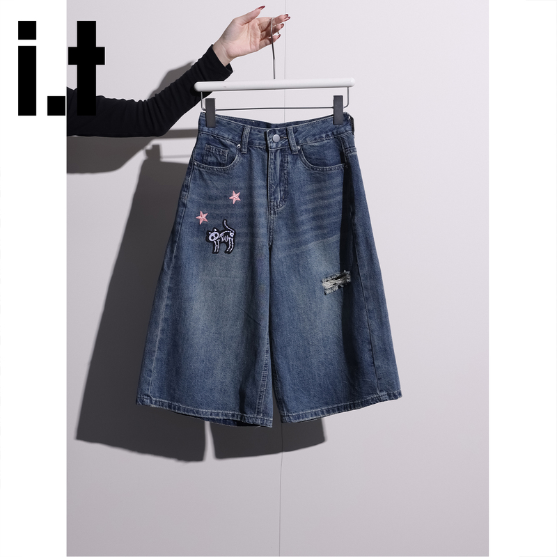 Chocoolate Retro Blue Cat Embroidered High-Waisted Denim Shorts for Women, Summer Ripped Cropped Wide-Leg Pants