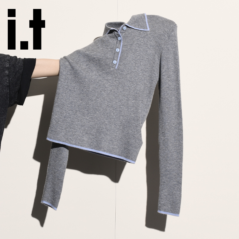 It:Chocoolate Gray Contrast Color Slim Fit Knit Sweater for Women, Autumn American College Style Polo Collar Sweater Trend It:Chocoolate Gray Contrast Color Slim Fit Knit Sweater for Women, Autumn American College Style Polo Collar Sweater Trend