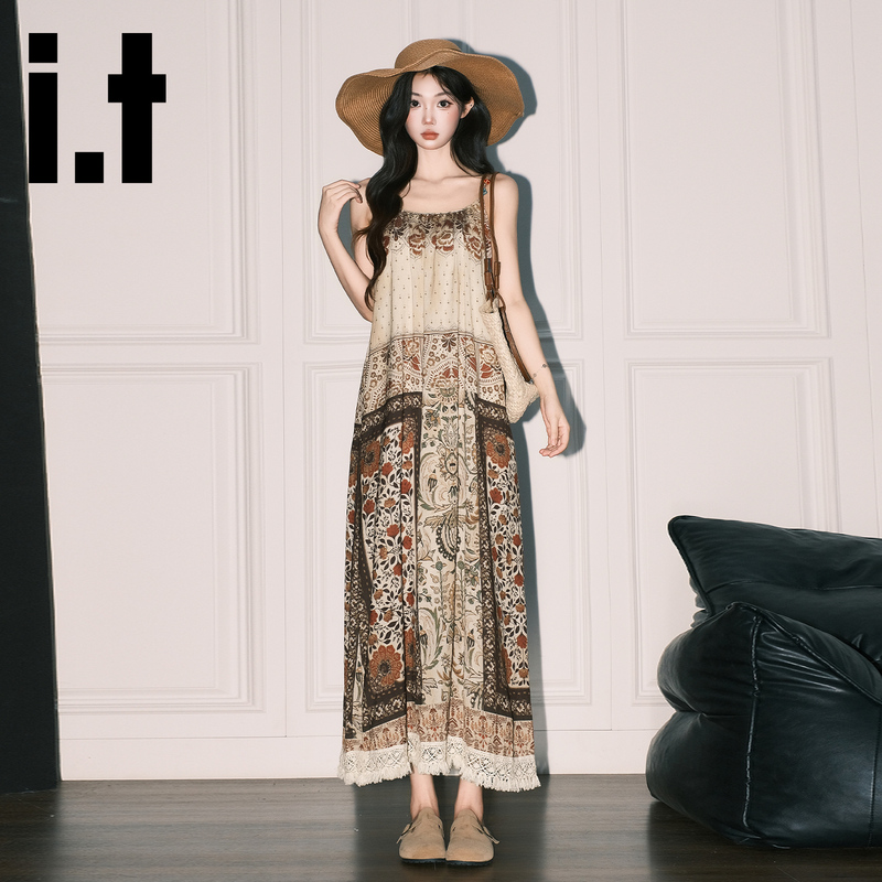 It:Chocoolate Retro Brown Printed Suspender Dress for Women, Summer Bohemian Ethnic Style A-Line Long Skirt