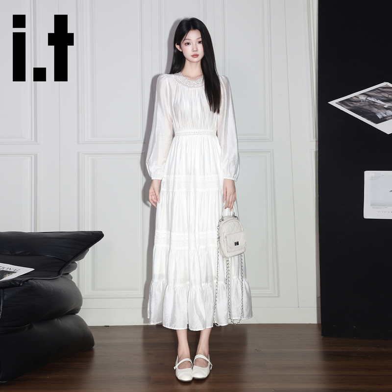 It:Chocoolate French-Style Gentle White Lace Dress for Women, Stunning Lantern Long Sleeves, A-Line Tiered Long Dress