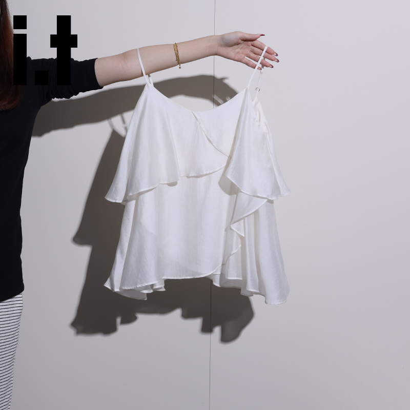It:Chocoolate Korean-Style Gentle Off-White Ruffled Camisole for Women, Summer Elegant Loose-Fitting Top