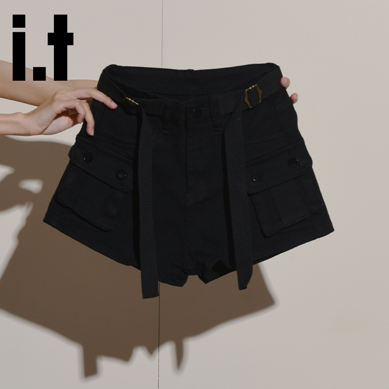It:Chocoolate American-Style Black High-Waisted Hot Girl Denim Shorts for Women, Versatile and Slimming Workwear Hot Pants for Spring and Summer