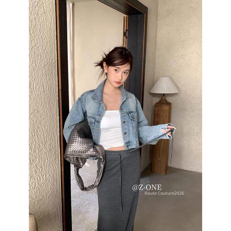 Z-One 2026 Spring Collection Korean Style Short Single-Breasted Washed Denim Jacket (Excluding Bottoms + Inner Layer)