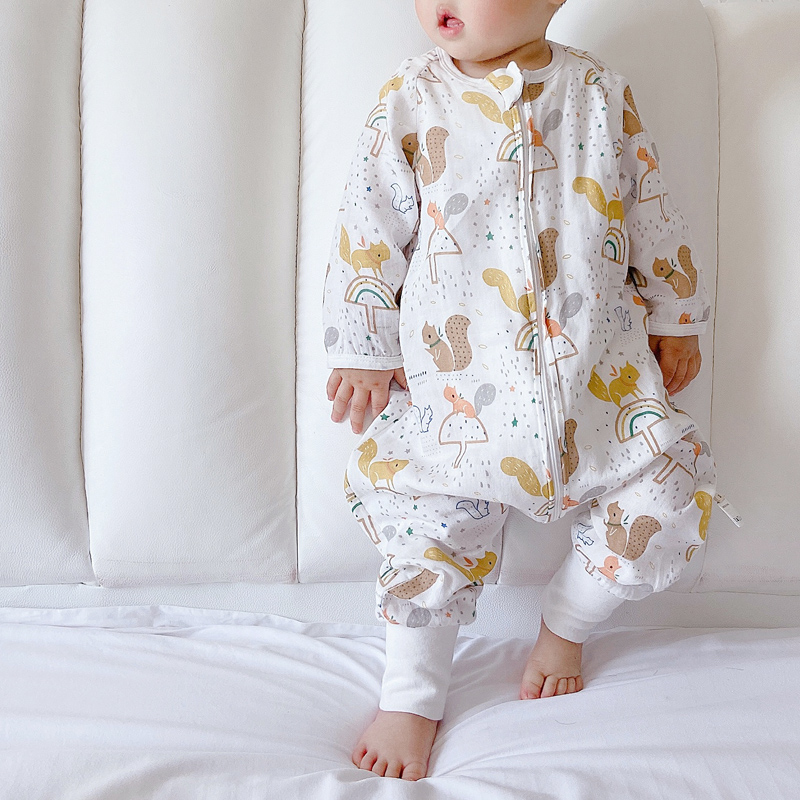 Fall New Pint Double Layer Bamboo Cotton Sub-Leg Sleeping Bag Baby Fall Long Sleeve Sleeping Bag Anti Kick By Baby Conjoined Clothes