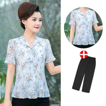 Mothers clothing Summer chiffon shirt short sleeve set womens foreign style fashion 2021 New thin two-piece clothes summer