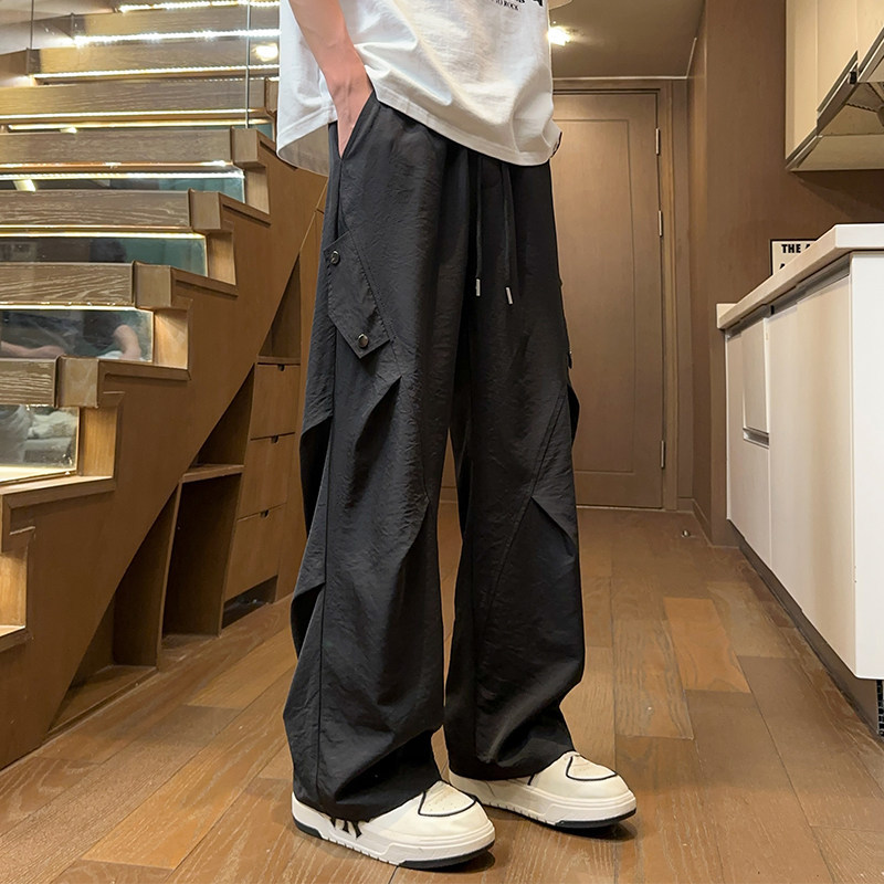 Black Ice Silk Quick-Drying Pants for Men, Summer Thin Style, American-Style Pleated Paratrooper Cargo Pants, Slightly Flared, Large Size, Scimitar Assault Pants