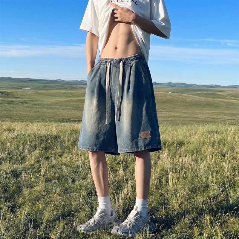 Men's Denim Shorts, Summer Thin Style, Trendy Brand, Large Size, Drawstring Elastic Waist Pants, Cool and Stylish, High-End, Knee-Length Shorts
