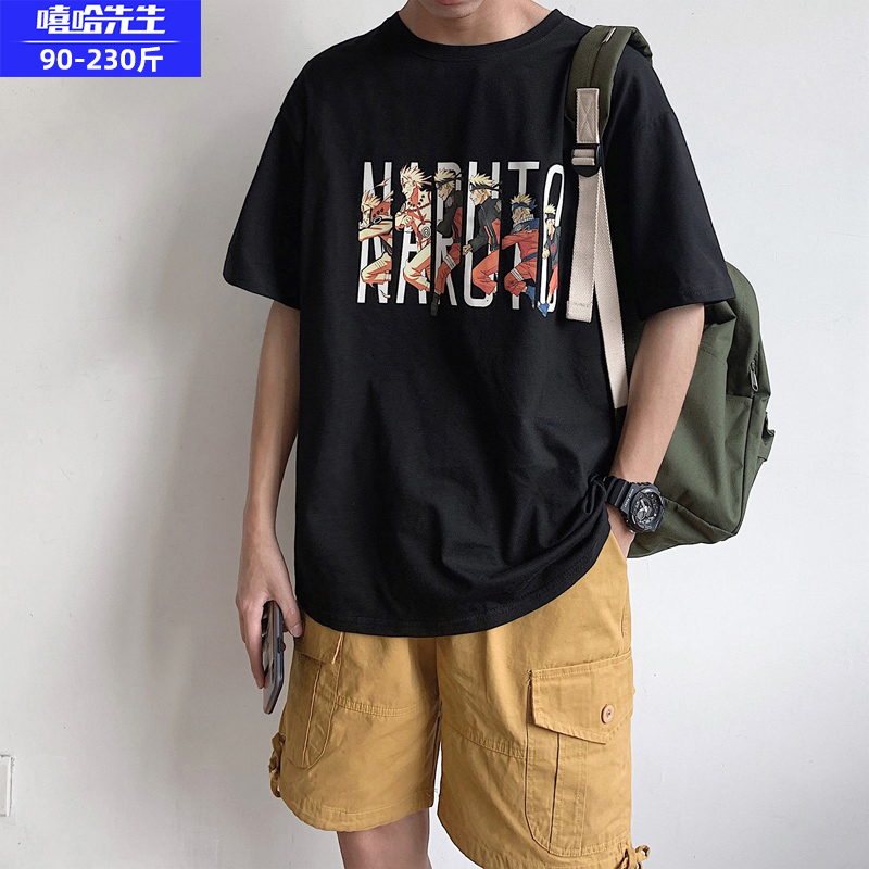 Creative Printed Short Sleeve Male Tide Card Trendy Fatson Plus Fattening Up Code Loose Half Sleeve T-shirt Round Collar T-shirt Summer
