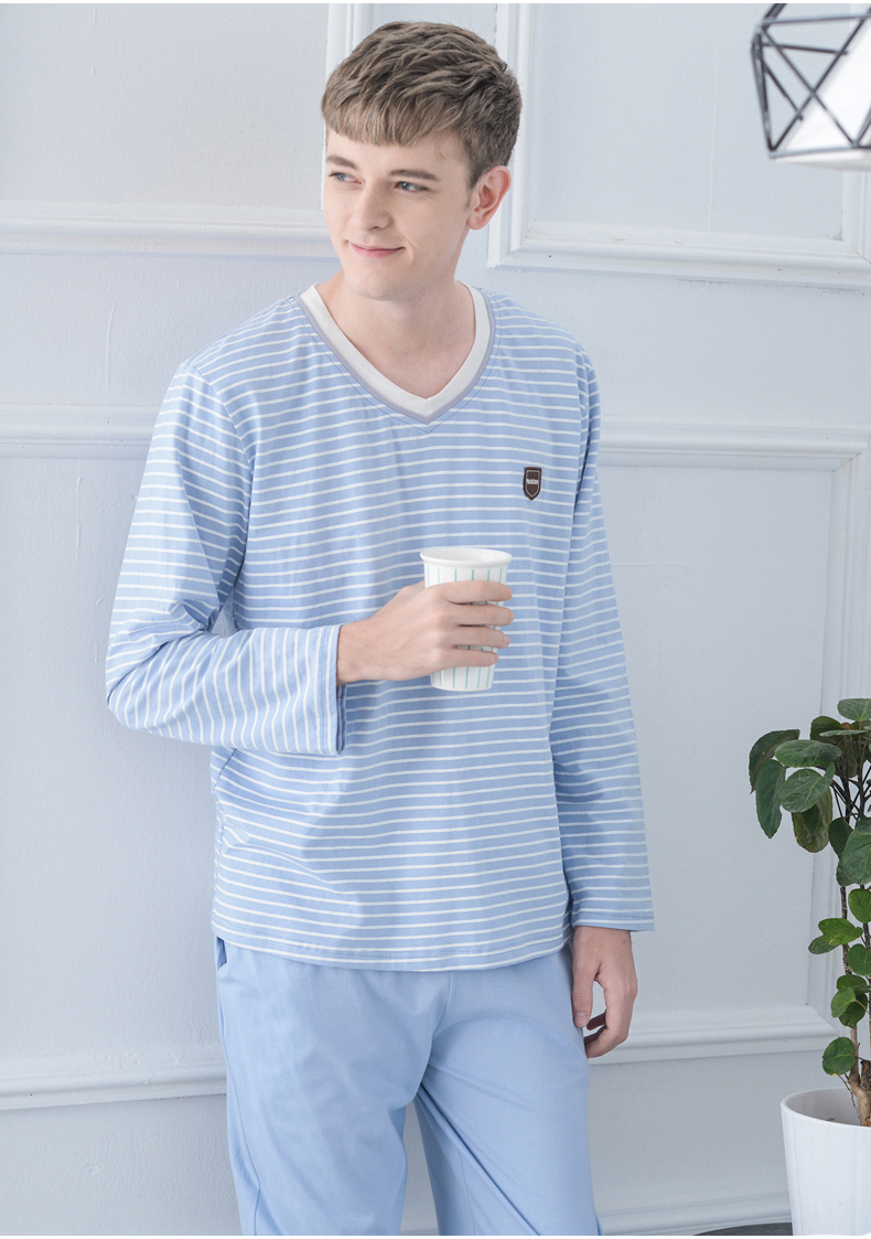 Bộ đồ ngủ nam cotton dài tay mùa xuân và mùa thu phiên bản Hàn Quốc của đầu sọc XL có thể mặc bên ngoài dịch vụ cotton mùa đông tại nhà - Cha mẹ và con bộ mặc nhà cho cả gia đình