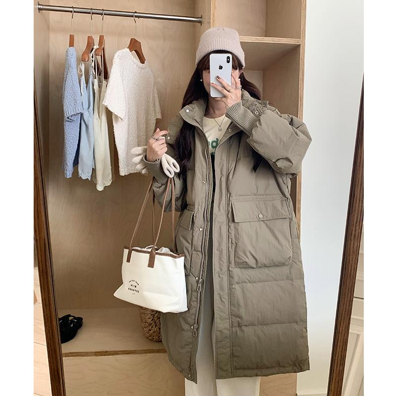 2025 New Style down Cotton Jacket for Women, Korean Version, Loose Hooded Cotton Coat, Mid-Length, Over-The-Knee, Thickened, Waist-Cinching Cotton-Padded Jacket, Trendy