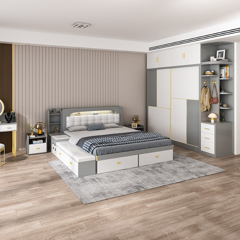 Nordic Bedroom Furniture Suit Composition Full House Main Sleeper home bed and wardrobe complete set of furniture Wedding House Private-Taobao